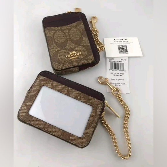 Coach Zip Card Case Block Signature Canvas ID Chain Wallet - Picture 2 of 4